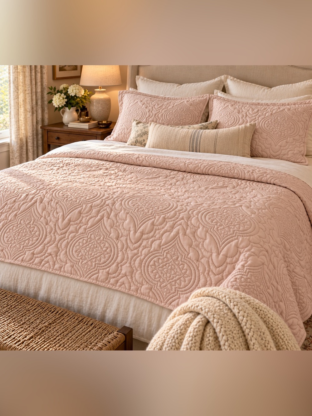 Blush Pink Queen Quilt Set with 2 Matching Shams – Romantic Cottagecore Bedding